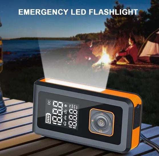 7-in-1 multi-function car jump starter with Powerbank, flashlight, compressor, pressure gauge and quick start function.