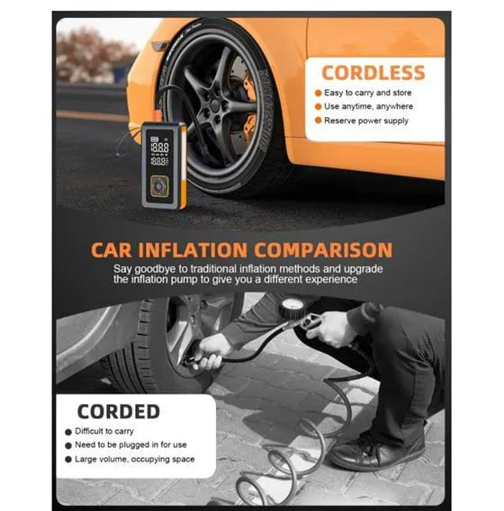 7-in-1 multi-function car jump starter with Powerbank, flashlight, compressor, pressure gauge and quick start function.