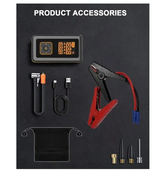 7-in-1 multi-function car jump starter with Powerbank, flashlight, compressor, pressure gauge and quick start function.