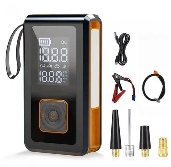 7-in-1 multi-function car jump starter with Powerbank, flashlight, compressor, pressure gauge and quick start function.