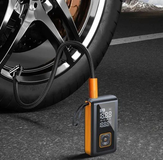 7-in-1 multi-function car jump starter with Powerbank, flashlight, compressor, pressure gauge and quick start function.