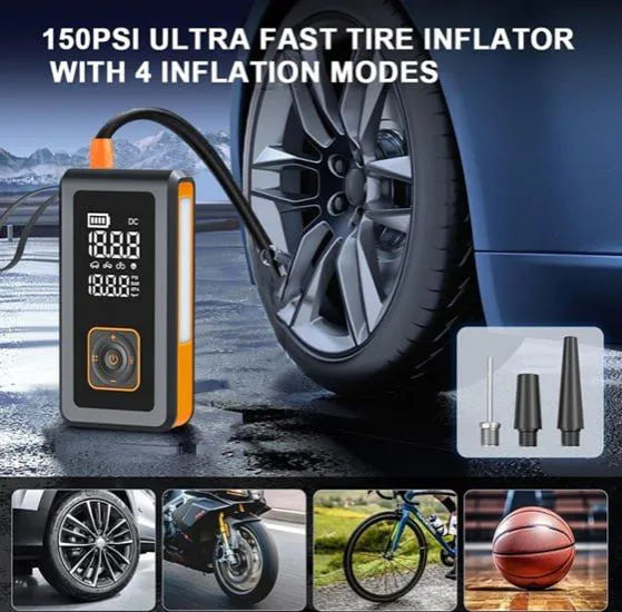 7-in-1 multi-function car jump starter with Powerbank, flashlight, compressor, pressure gauge and quick start function.