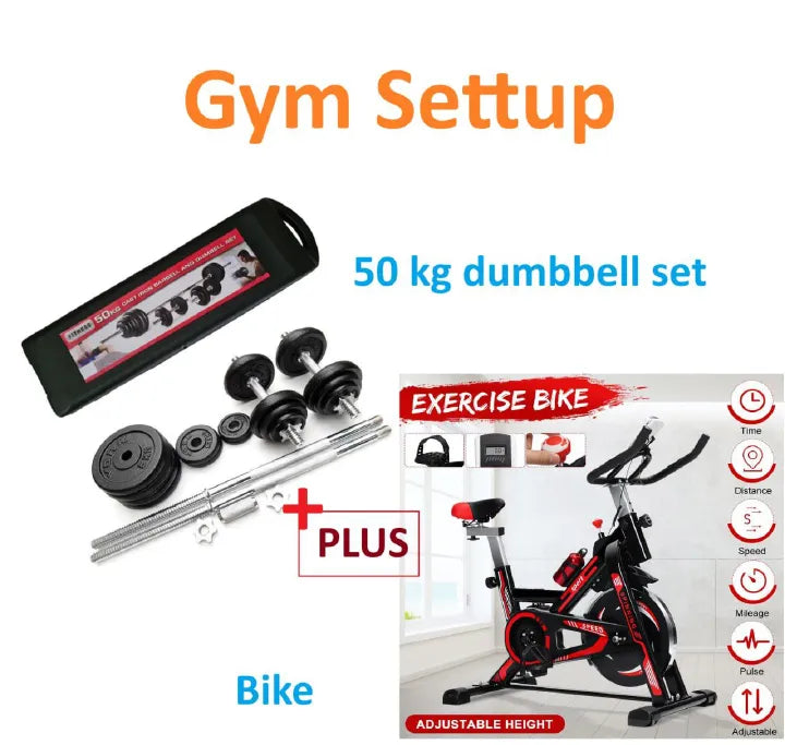 50KG Barbell & Dumbbell Set + Heavy-Duty Exercise Spinning Bike