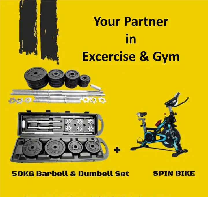 50KG Barbell & Dumbbell Set + Heavy-Duty Exercise Spinning Bike