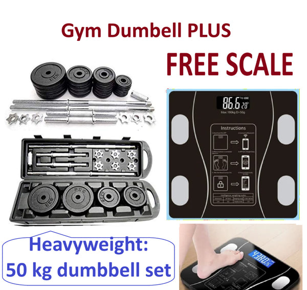50KG Barbell & Dumbbell Set + FREE BMI Smart Digital Personal Weight Scale