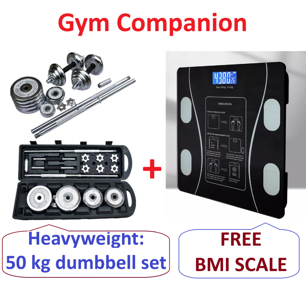 50KG Barbell & Dumbbell Set + FREE BMI Smart Digital Personal Weight Scale