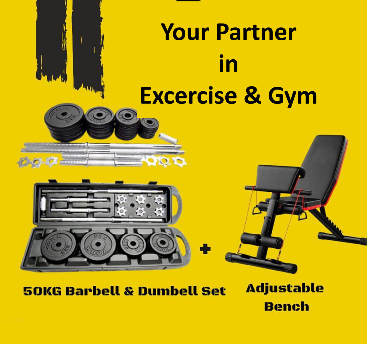 50KG Barbell & Dumbbell Set + Adjustable Weight Bench – Full Body Home Gym Workout